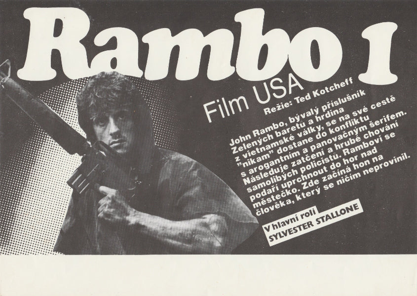 Promotional poster for 'Rambo 1' with text and a silhouette of a person holding a rifle.