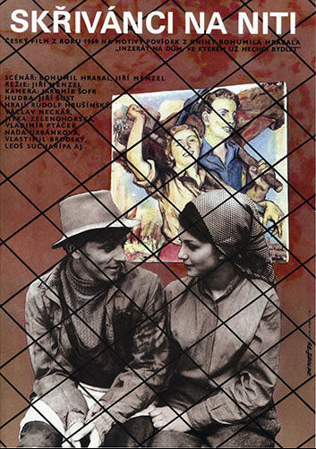 Original Czech poster for the film 'Skrivanci na niti' featuring two characters engaged in conversation, with a third figure in the background, set against a red tinted background.