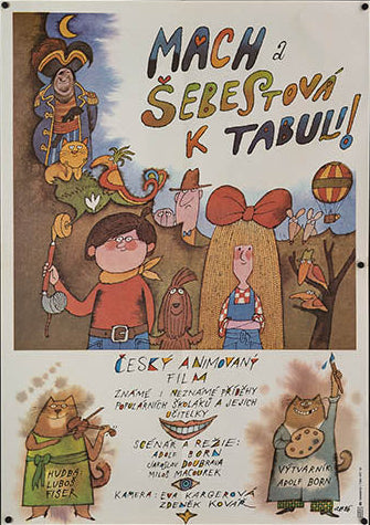 A colorful vintage Czech film poster featuring cartoon-style characters and text.
