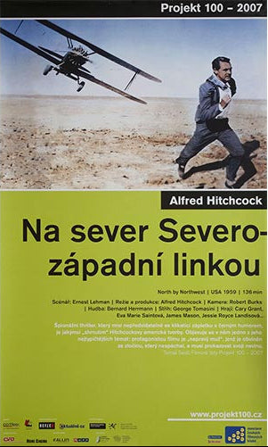 Czech film poster for the movie 'North by Northwest', featuring a man running with a crop duster airplane overhead, set against a yellow background with text.
