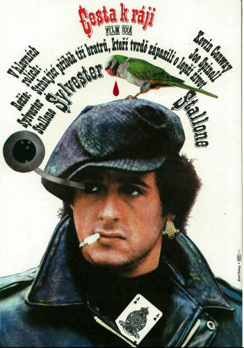 Vintage movie poster with Sylvester Stallone wearing a cap, smoking a cigarette, and a parrot on their head.