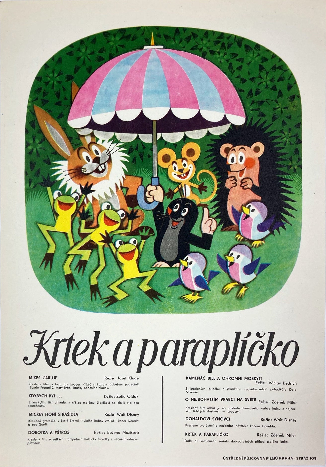Vintage poster for 'Krtek a paraplicko' featuring colorful illustrations of a mole, birds, and an umbrella, set against a green background.