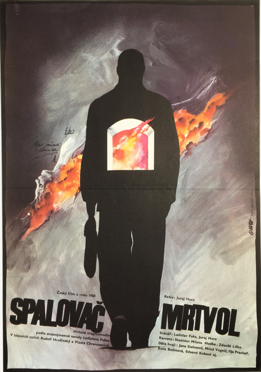 Original 1990 film poster for Czech horror The Cremator by artist Zdenek Vlach image of a man and fire - Czech Poster Gallery