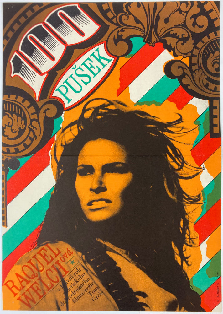 Colorful Czech poster 100 Rifles with a stylized portrait of Raquel Welch and decorative elements.