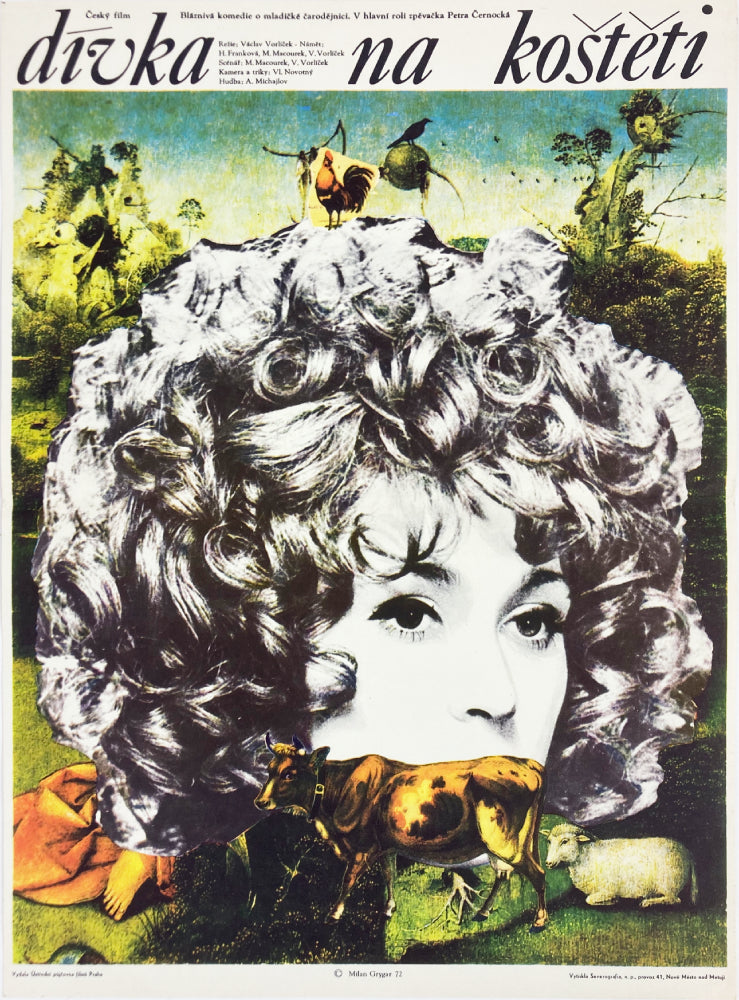 Vintage-style poster collage with a stylized woman face, hairdo and animals in a natural setting 