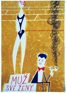 Old Czech film poster for Polish movie Mąż swojej żony from 60's, Cool 60's image of a man smoking his pipe and his wife standing on the podium of victory - Czech Poster Gallery